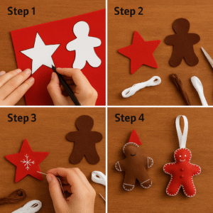 Step-by-step felt Christmas ornaments craft with templates, scissors, thread, and cut shapes on wood table.