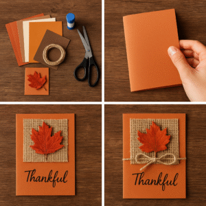 Step-by-step handmade gratitude card tutorial with supplies, folding, layering, and finished Thankful card.