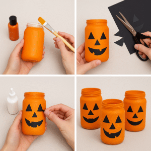 Step-by-step process of making Halloween lanterns with recycled jars