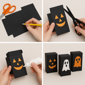 Step-by-step process of making custom candy boxes for Halloween with black cardstock.