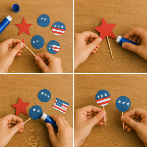 Step-by-step images of making star-shaped July 4th cupcake toppers.