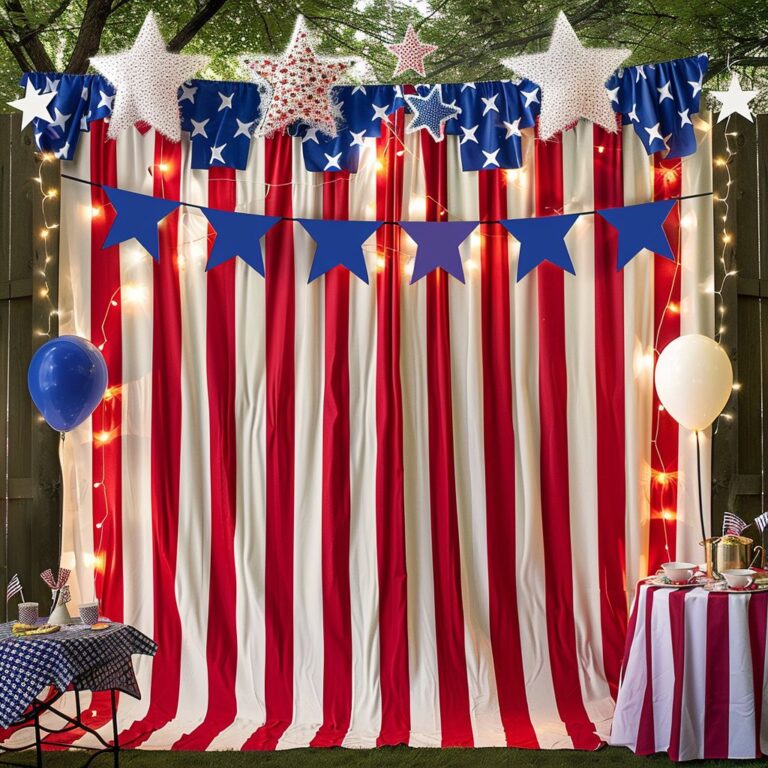 Finished Instagrammable corner decorated with lights, flags, and cushions for the 4th of July