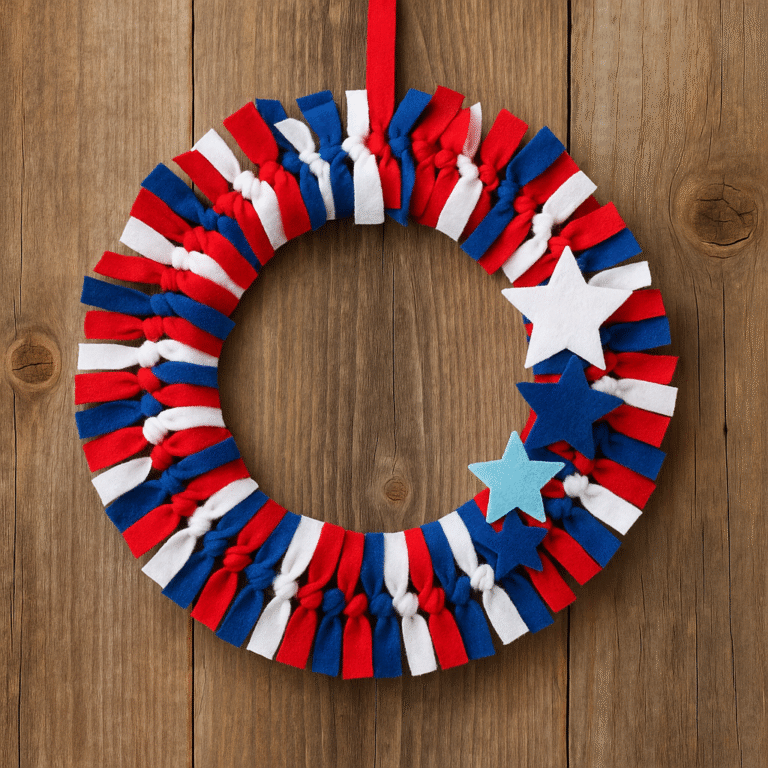 Patriotic DIY wreath in red, white, and blue with felt stars on rustic wooden background.