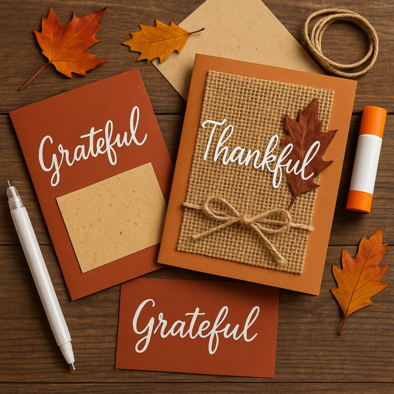 Handmade gratitude cards for Thanksgiving with burlap, twine, and autumn leaves.