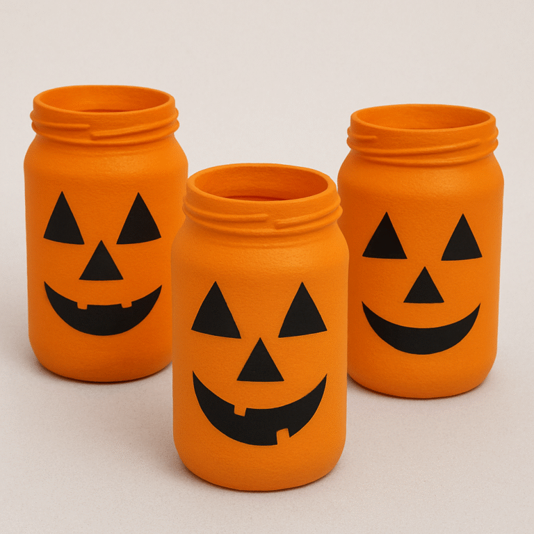 Finished Halloween lanterns made from recycled jars glowing with light.