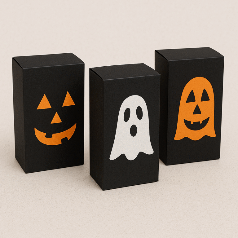 Finished custom candy boxes for Halloween with ghost and pumpkin designs.