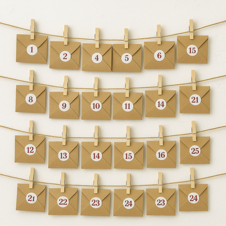 Finished handmade advent calendar hanging on wall with decorations
