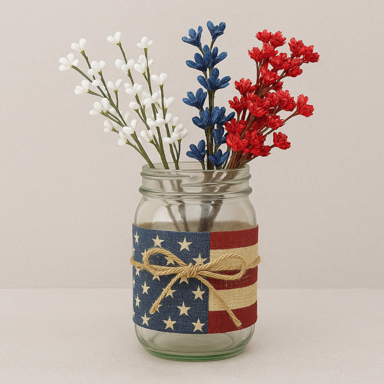 Finished rustic handmade arrangement with flowers and burlap for 4th of July