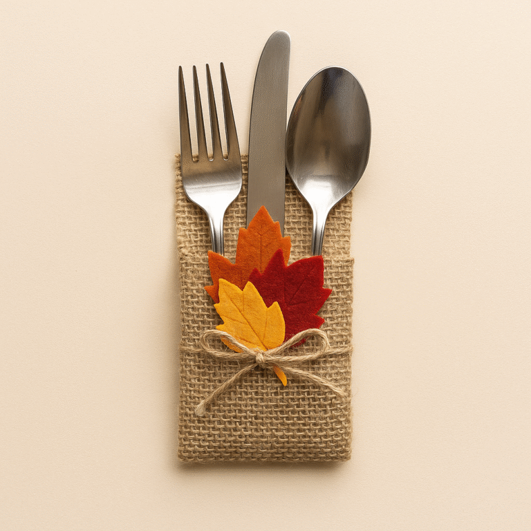 Finished handmade cutlery holder decorated with autumn accents for Thanksgiving dinner