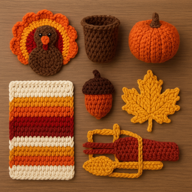 Finished crochet items including pumpkins and coasters for Thanksgiving décor